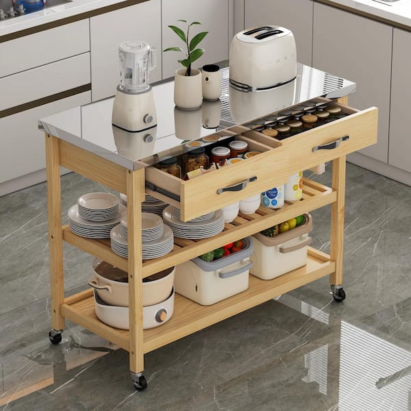 Logmey Solid Wood Kitchen Cart with Steel Table Top and Storage Drawers
