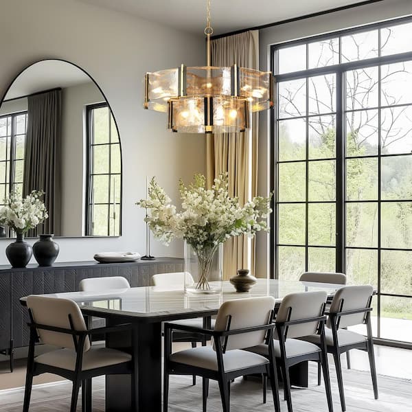 Modern 31.5 in. 15-Light Black and Dark Gold Island Chandelier with 2-Tiered Textured Glass Shade, Kitchen Drum Pendant