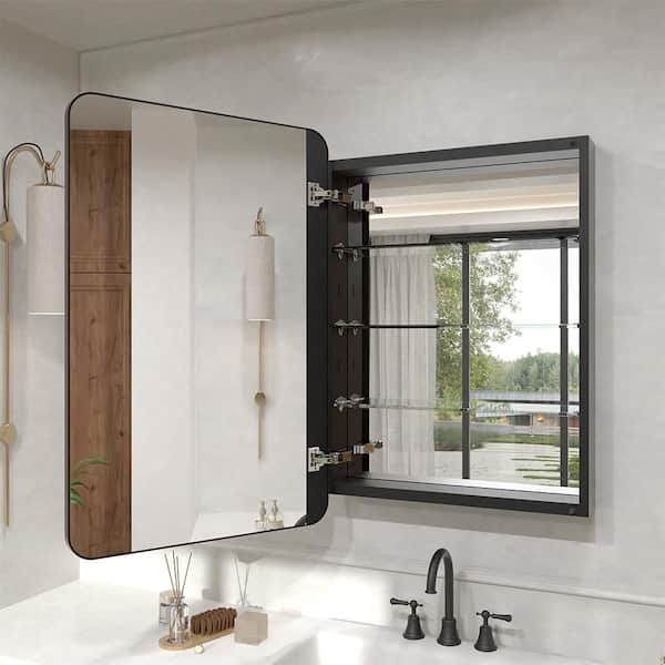 Verve 23 in. x 34.5 in. Frameless Recessed or Surface-Mount Rectangular Medicine Cabinet with Mirror in Matte Black