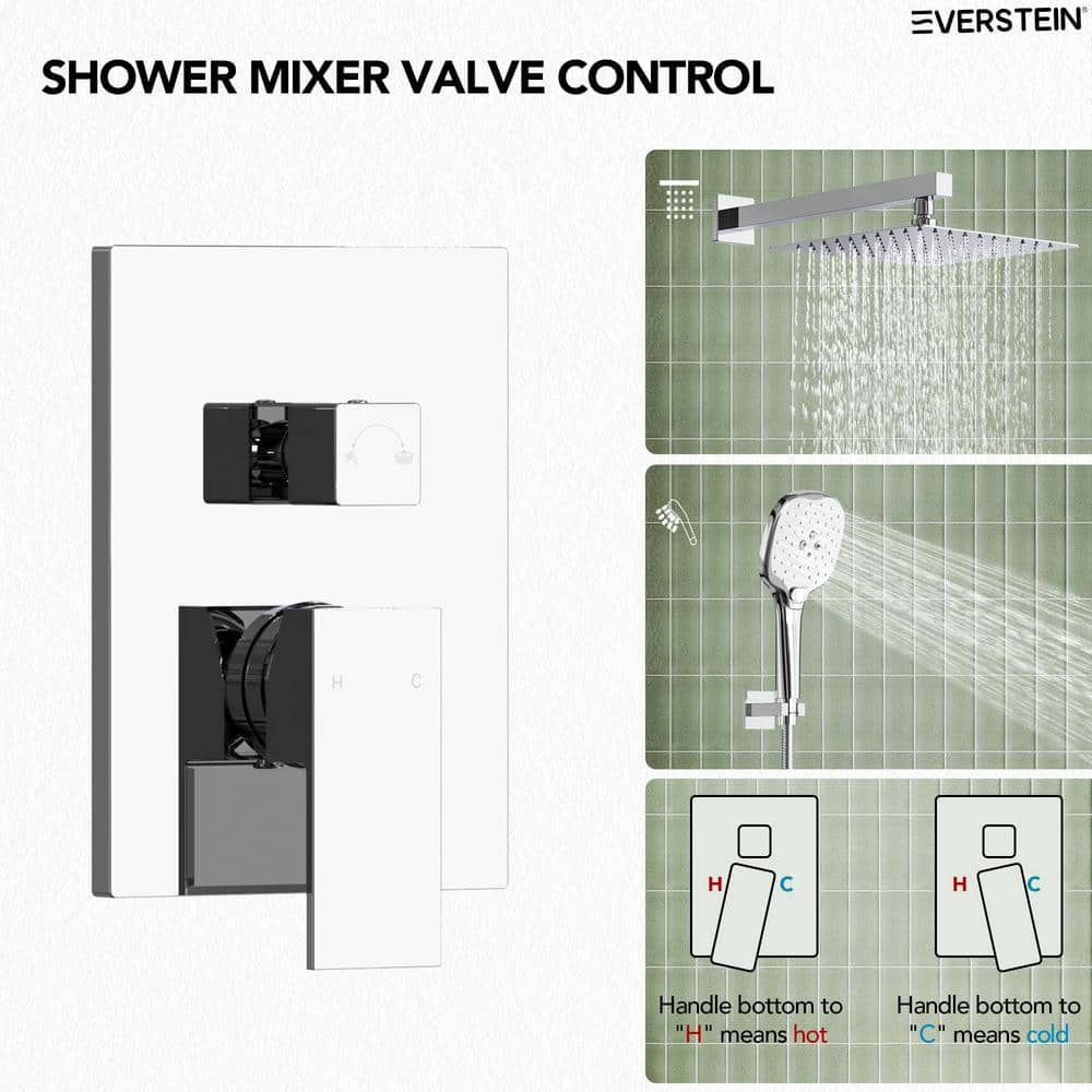 Chrome Square Wall Mounted Dual Shower System with Handheld