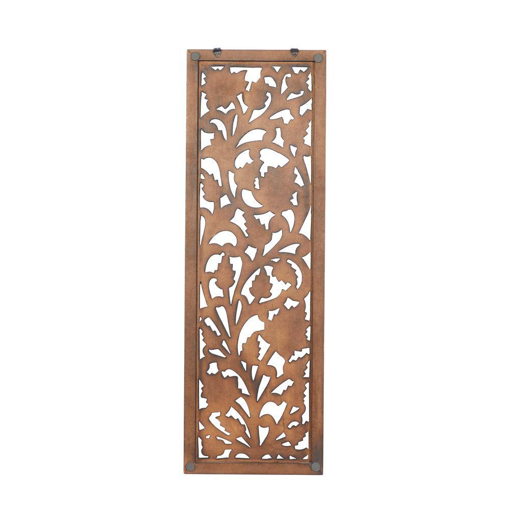 Brown Wood Carved Botanical Rectangular Wall Panel