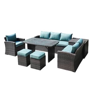Elijah Brown 7-Piece Wicker Outdoor Patio Conversation Seating Set with Celadon Green Cushions