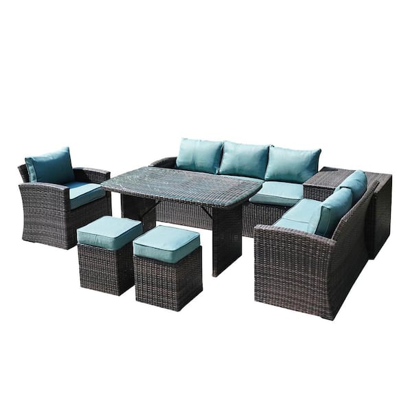 moda furnishings Elijah Brown 7-Piece Wicker Outdoor Patio Conversation Seating Set with Celadon Green Cushions