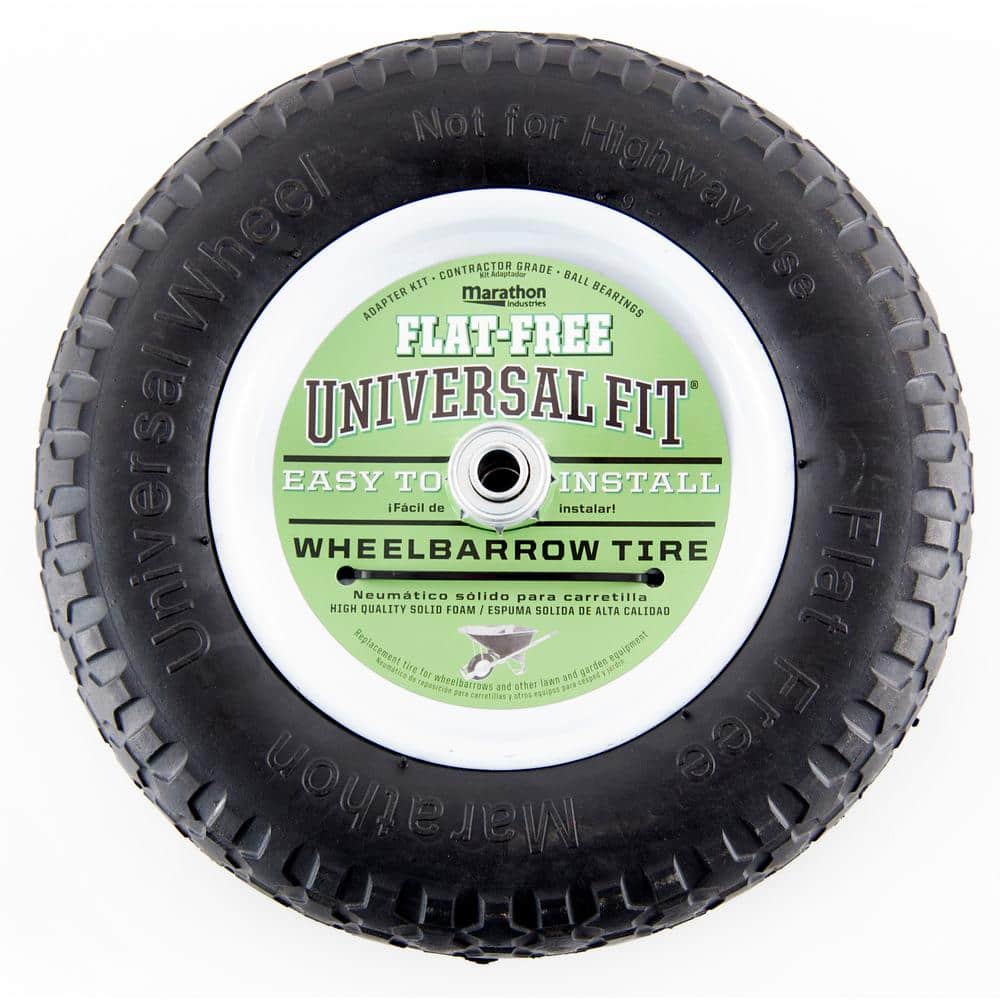 Wheelbarrow Wheels,14.2 Flat Free Wheelbarrow Tire on Wheel 3.5 Hub 5/8 Ball Bearing,Black & White PU Solid Foam Wheel 