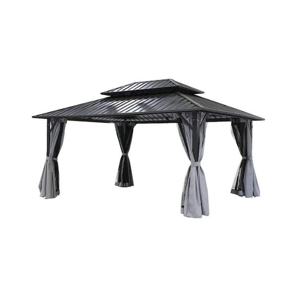 10 ft. x 12 ft. Hardtop Gazebo with Aluminum Frame, Double Roof Top with Gray Curtain and Netting