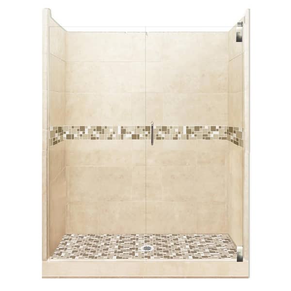 American Bath Factory Tuscany Grand Hinged 32 in. x 36 in. x 80 in. Center Drain Alcove Shower Kit in Desert Sand and Satin Nickel Hardware