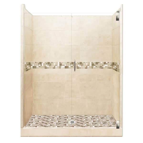 American Bath Factory Tuscany Grand Hinged 30 in. x 60 in. x 80 in. Center Drain Alcove Shower Kit in Desert Sand and Satin Nickel Hardware