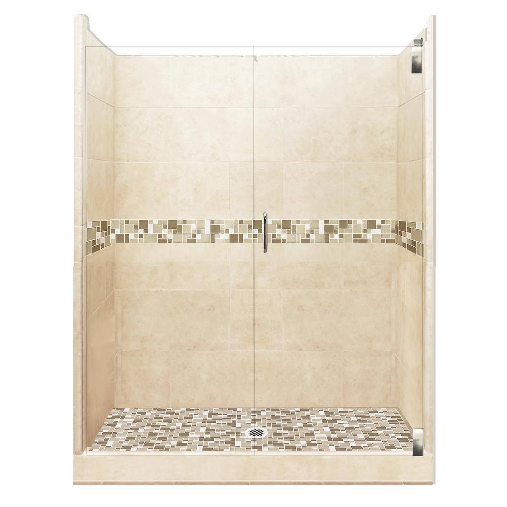 Tuscany Grand Hinged 36 in. x 60 in. x 80 in. Center Drain Alcove Shower Kit in Desert Sand and Satin Nickel Hardware price history on PriceWatchPro