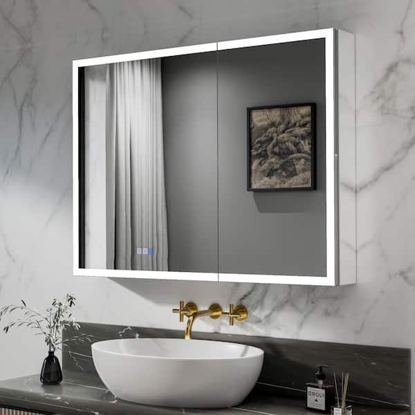 Lonni AZD 40 in. W x 30 in. H Rectangular Silver Aluminum Recessed/Surface Mount LED Dimmable Medicine Cabinet with Mirror