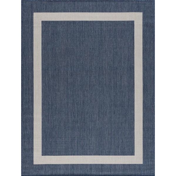 CAMILSON Blue/White 6 ft. x 9 ft. Bordered Indoor/Outdoor Area Rug