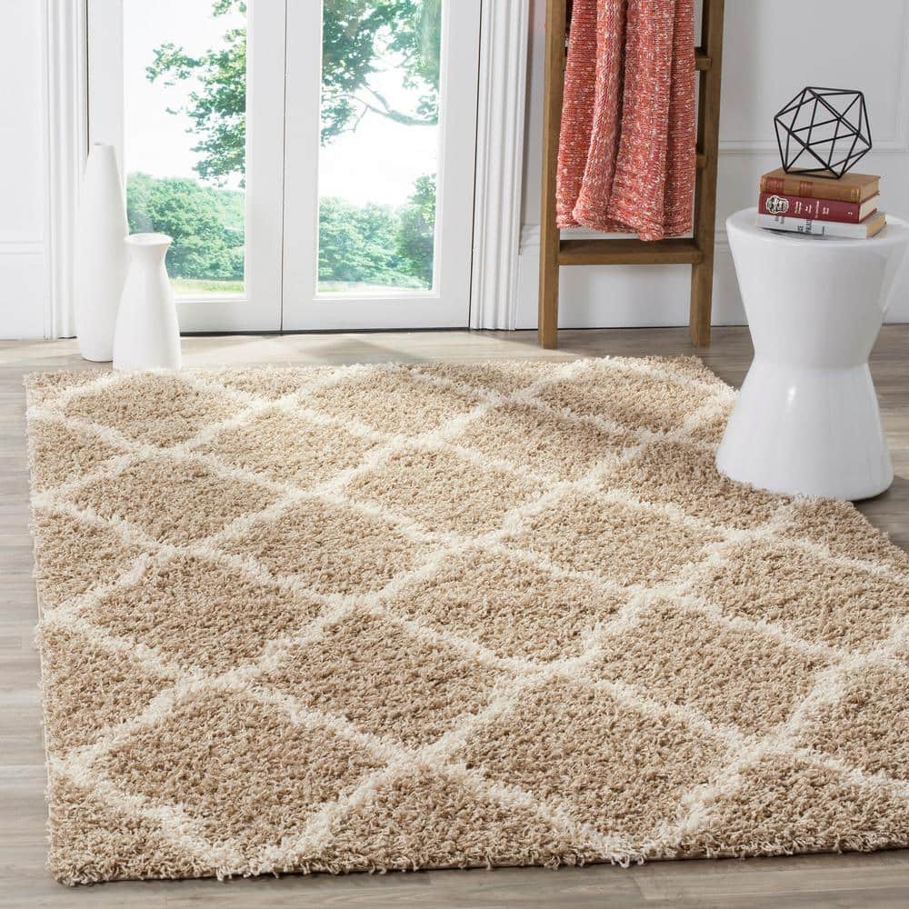 Beige and Ivory Geometric Shag Area Rug, 6' x 9'