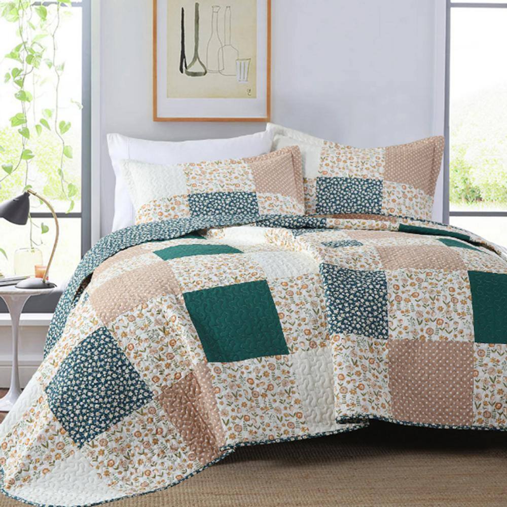 King Size Cotton Patchwork Quilt Set in Brown and Multicolor