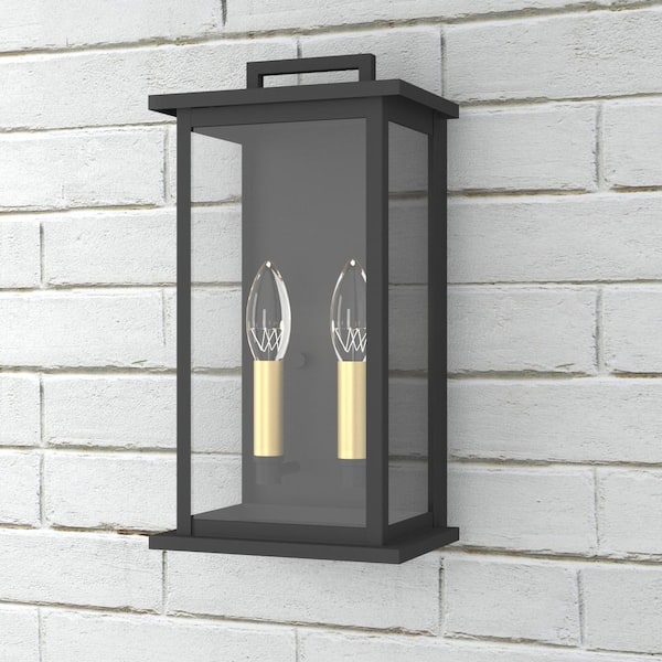 Montpelier 2-Light Black 14.02 in. H Dusk to Dawn Hardwired Outdoor Wall Lantern Sconce