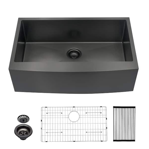 LORDEAR Gunmetal Black Apron Front 33 in. x 21 in. Stainless Steel Single Bowl Farmhouse Kitchen Sink with Sink Grid
