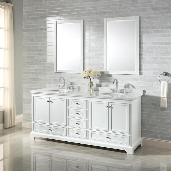 Deborah 80 in. Double Bathroom Vanity in White with Marble Vanity Top in White Carrara with White Basins