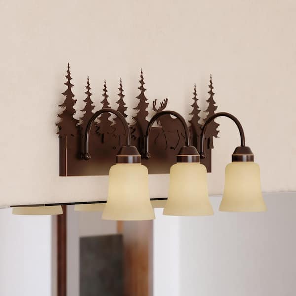 Yellowstone 24.75 in. W 3-Light Bronze Rustic Moose Bathroom Vanity Light Fixture