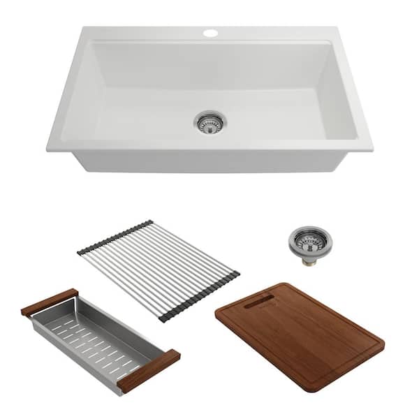BOCCHI Baveno Lux Milk White Granite Composite 34 in. Single Bowl Drop-In/Undermount Kitchen Sink w/Integrated WS & Acc