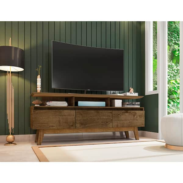 Welwick Designs 58 in. Caramel Solid Wood TV Stand Fits TVs Up to 65 in. with Cutout Cabinet Handles