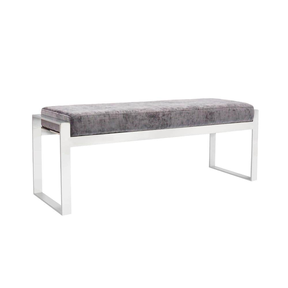 Gray Velvet Upholstered Bench with Stainless Steel Legs