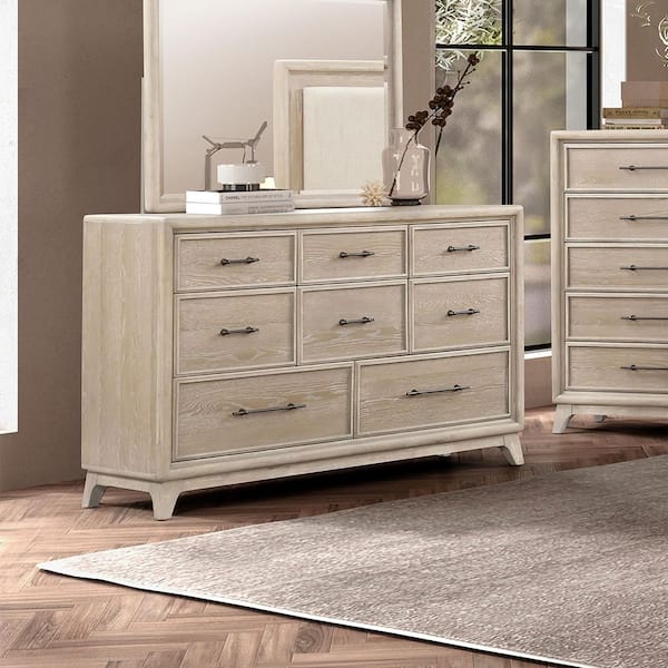 Liston Oak 8-Drawer 64 in. Dresser with Bracketed Feet and Black Metal Handles