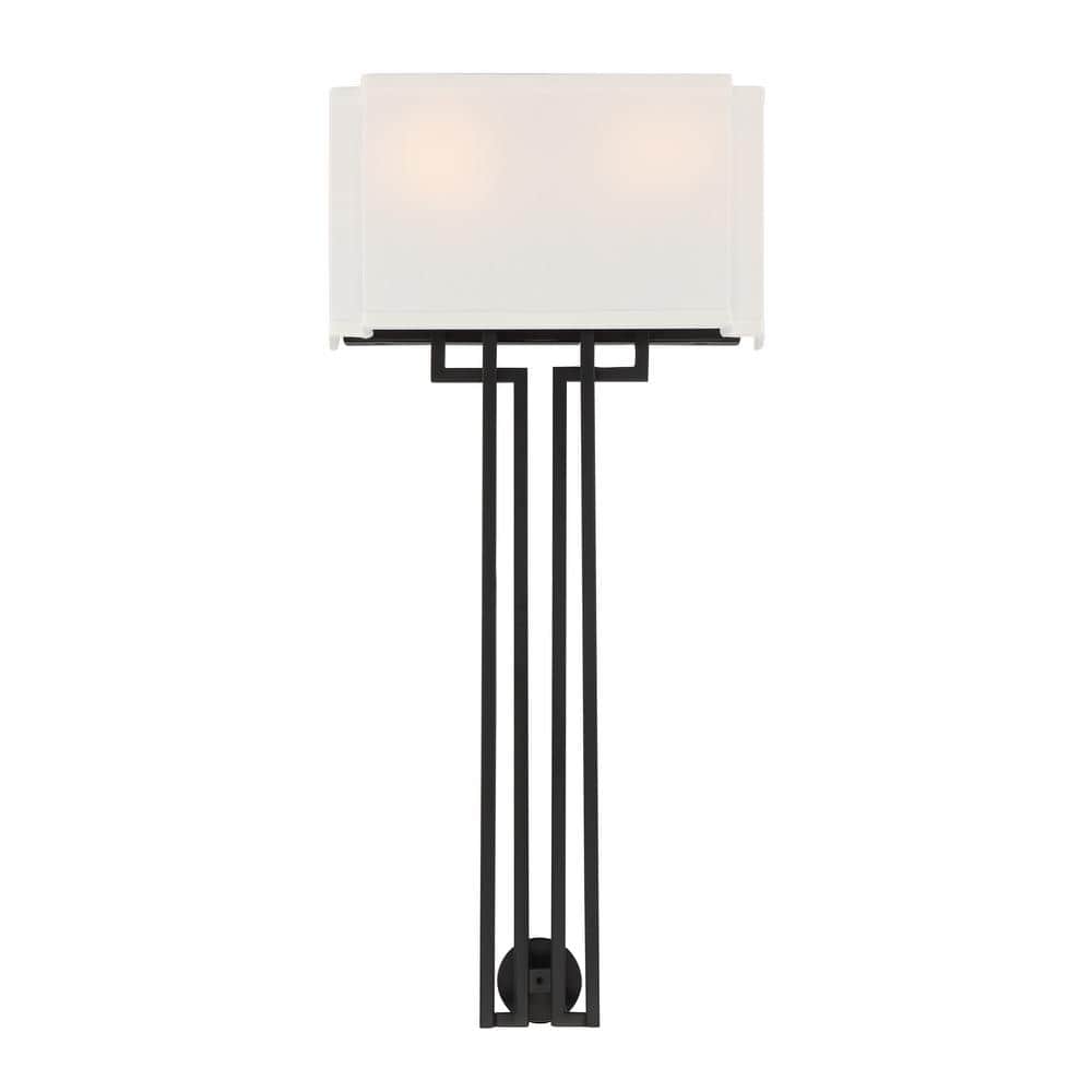 Coal and Polished Nickel 2-Light Dimmable Wall Sconce with White Linen Shade