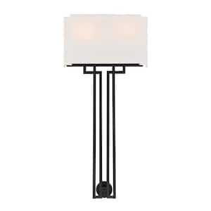 Upham Estates 2-Light Black and Polished Nickel Torchiere Wall Sconce with White Linen Shade