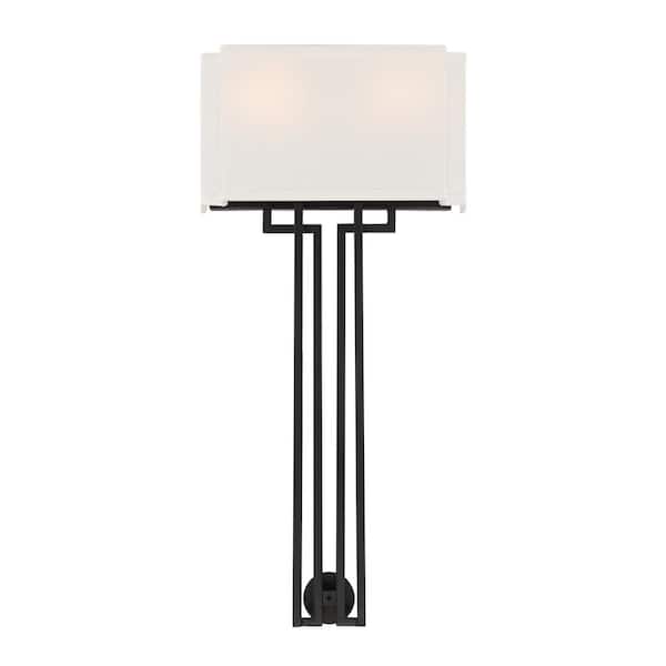 Minka Lavery Upham Estates 2-Light Black and Polished Nickel Torchiere Wall Sconce with White Linen Shade