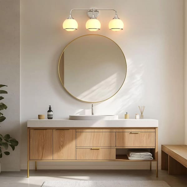27 in. 3-Light Brushed Nickel Vanity Light with Soft Globe Shades for Bathroom Mirror