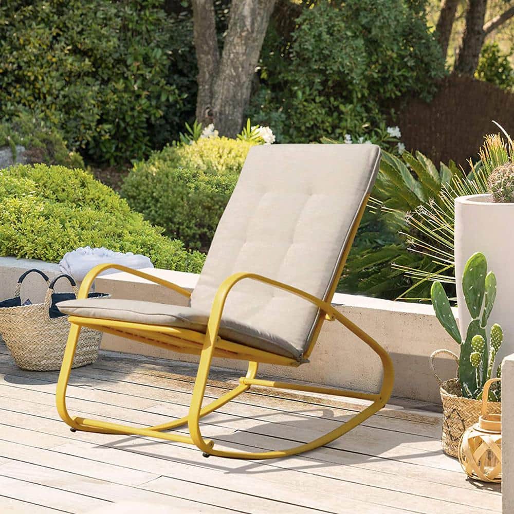Yellow Metal Outdoor Rocking Chair with Beige Cushion