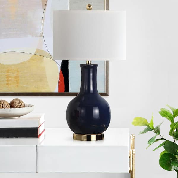 Paris 27.5 in. Royal Blue Gourd Ceramic Table Lamp with White Shade