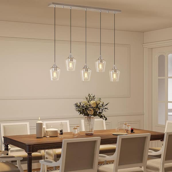 60-Watt 5 Light Brushed Nickel Cluster Pendant Light for Kitchen Island with Clear Glass Shade and 10"-55" Height