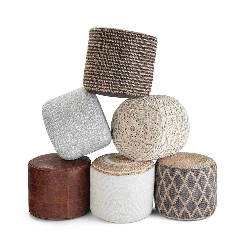 Edgeley Boho Chic Round Pouf in Grey and Natural Jute