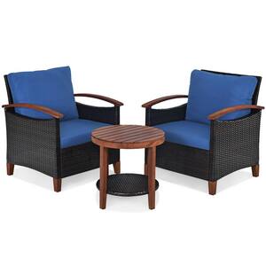 3-Pieces Solid Wood Patio Rattan Conversation Set with Blue Cushions Outdoor Sofa Round Table Shelf