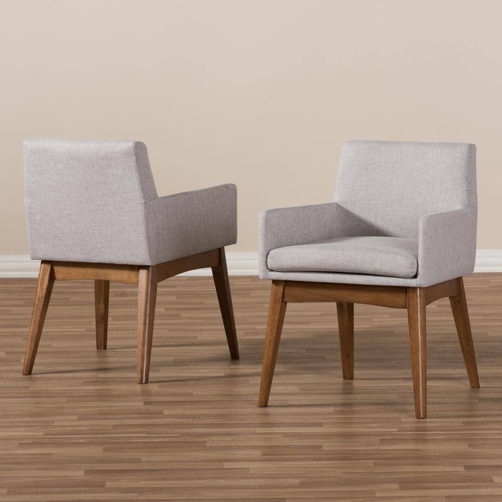 High-Back Greyish Beige Leather & Walnut Wood Upholstered Armchair