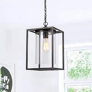 Lincoln 1-Light Black Lantern Rectangle Pendant With Glass Shade