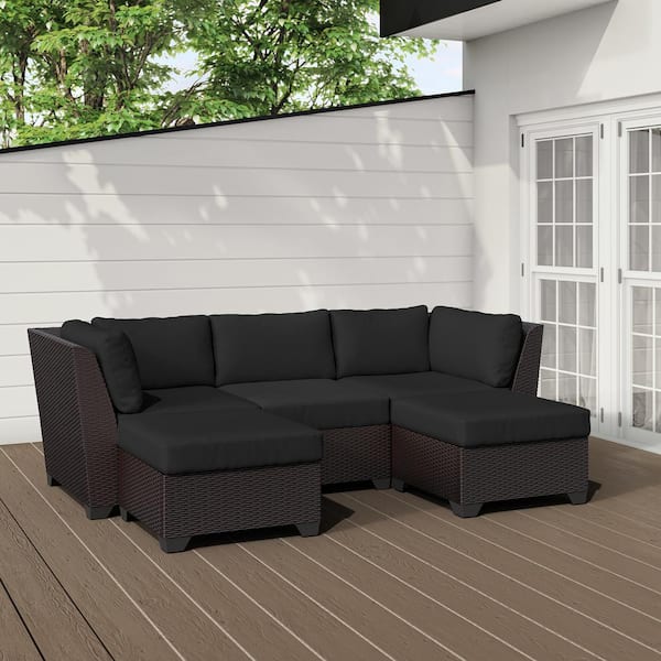 TK CLASSICS Barbados 5-Piece Outdoor Wicker Patio Conversation Furniture Set with Black Cushion