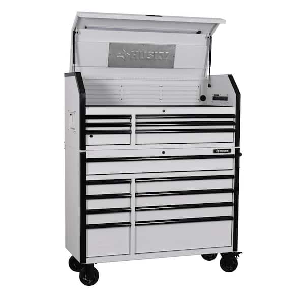 Husky Heavy-Duty 52 in. W x 21.5 in. D 15-Drawer White Tool Chest Combo and Rolling Cabinet with LED Light