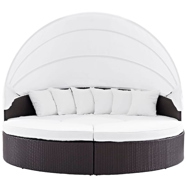 MODWAY Quest Wicker Rattan Outdoor Patio Canopy Sectional Daybed with Cushion in Espresso White