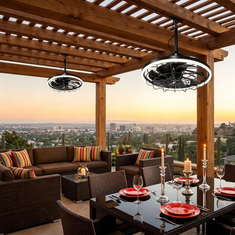テーブル・チェア・ハンモック 1/f.space black lighting boa Emeritpro 19.7 in. LED Outdoor Cage Ceiling Fan with Remote,Sand