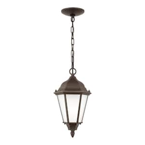 Bakersville 7.875 in. 1-Light Antique Bronze Traditional Outdoor Hanging Pendant Light with Satin Etched Glass Panels