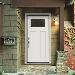 32 in. x 80 in. 1 Lite Craftsman White Painted Steel Prehung Right-Hand Inswing Front Door w/Brickmould