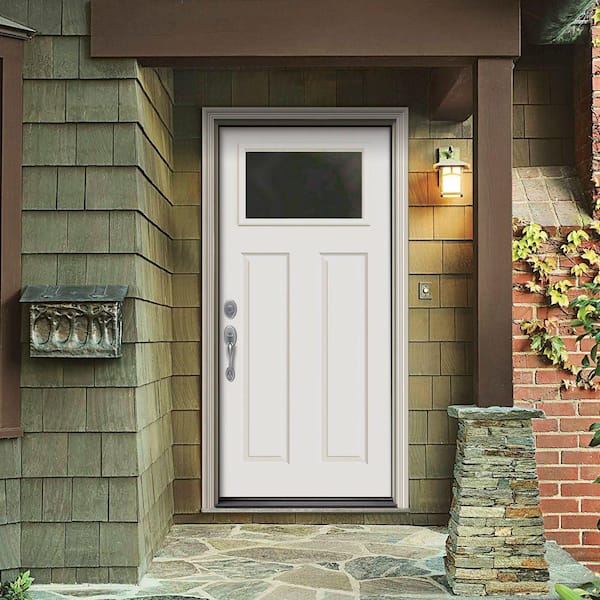 32 in. x 80 in. 1 Lite Craftsman White Painted Steel Prehung Right-Hand Inswing Front Door w/Brickmould