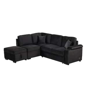 87.40 in. Straight Arm Velvet L-Shaped Sofa in Black with Storage Ottoman, Sofa Bed