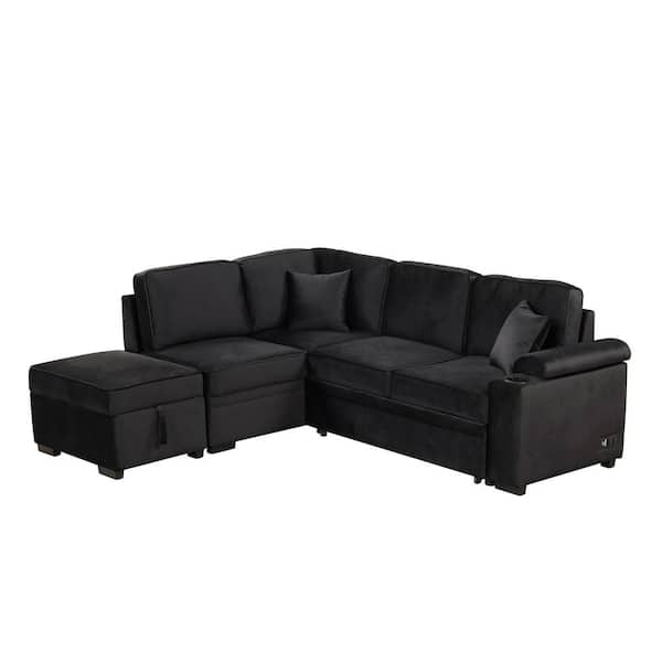 Polibi 87.40 in. Straight Arm Velvet L-Shaped Sofa in Black with Storage Ottoman, Sofa Bed