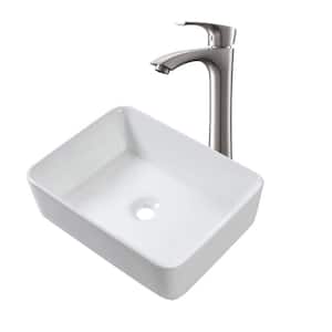 19 in. x 15 in. White Ceramic Rectangular Vessel Sink with Faucet in Brushed Nickel
