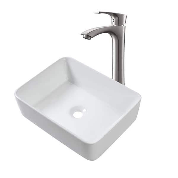 LORDEAR 19 in. x 15 in. White Ceramic Rectangular Vessel Sink with Faucet in Brushed Nickel