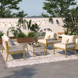 Mustard Yellow Metal 4-Piece Patio Conversation Set with Tempered Glass Table and Beige Cushions for Backyard, Porch