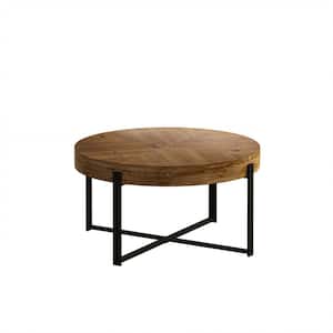 Modern Round Outdoor Coffee Table with Fir Wood Table Top and Black Metal Legs Base