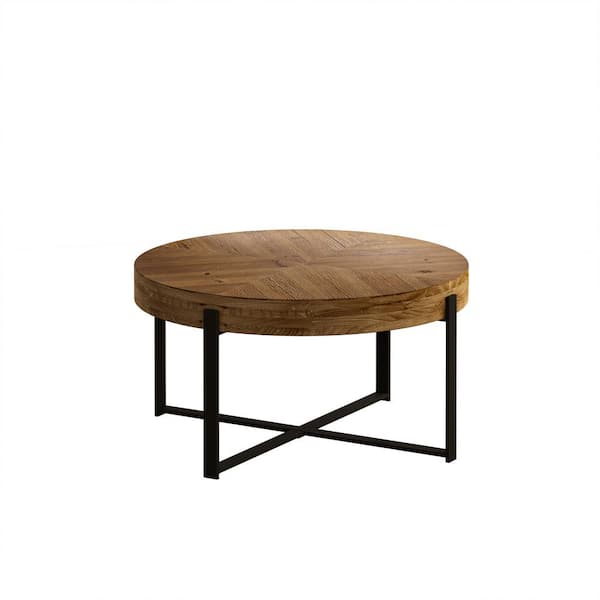 Sudzendf Modern Round Outdoor Coffee Table with Fir Wood Table Top and Black Metal Legs Base