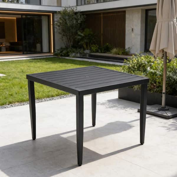Black Outdoor Aluminum Square Patio Dining Table with Umbrella Hole and Tapered Feet